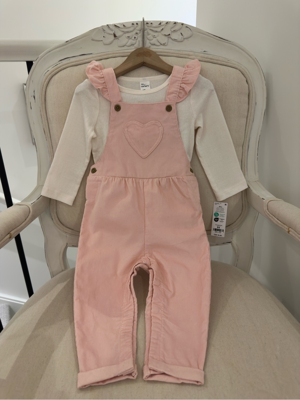 🩰 18 Mth Carter's Baby 100% Cotton 2-Piece Heart Corduroy Overall Romper Set